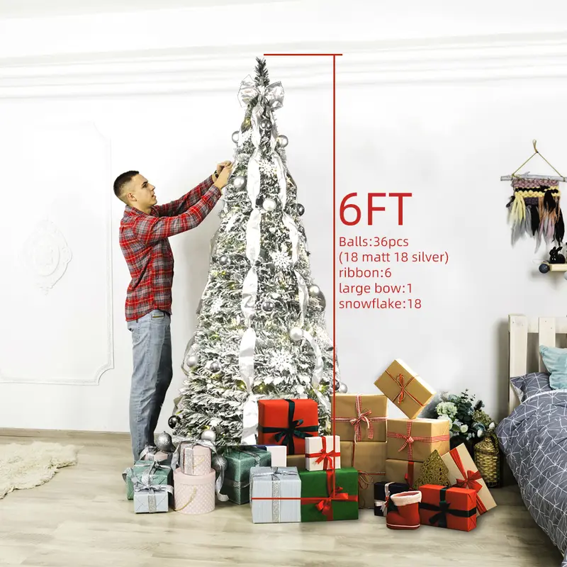 6/7ft Pre-Lighted Pre-Decorated Flocked Christmas Tree Flocked Pop-Up Christmas Tree, Comes with White Christmas Ball Decorations White Bow Ribbon pre-lit artificial white christmas xmas christmas put ribbonTacky christmas tree christmas decorations - Image 7